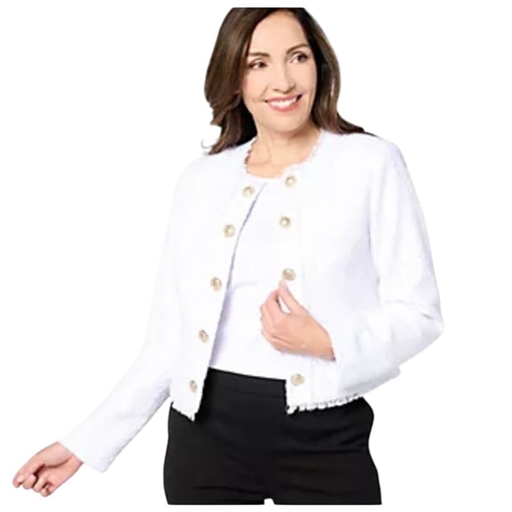 Susan Graver White Cropped Tweed Blazer with Gold Buttons